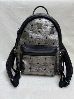 MCM Metallic Silver and Black Small Leather Backpack
